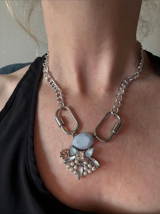 Jewelry - Hand-Crafted Statement Silver Carabiner Chain Necklace with Blue Pendant